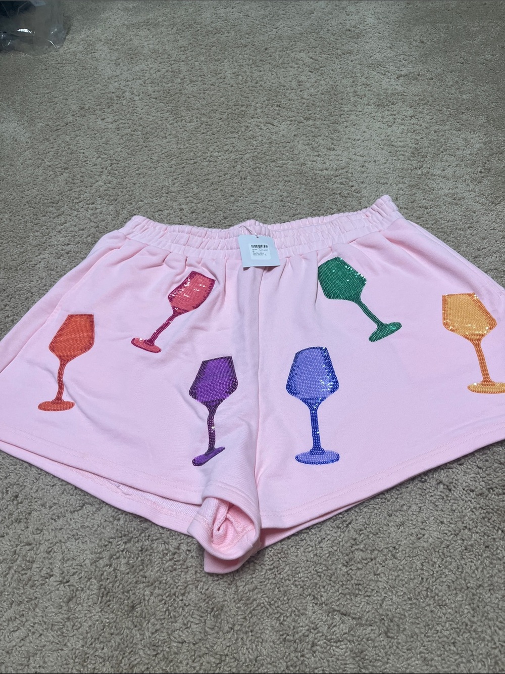 Que Pink Sequin Wine Glass Appliqué Shorts